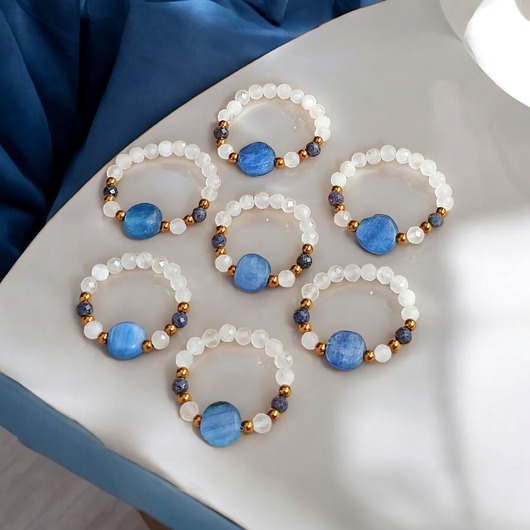 pierścionki elastyczne Pierścionek PREMIUM : kyanit, szafir, kamień księżycowy - PIERŚCIONEK