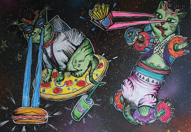 Plakat Koty w kosmosie 60 x 80 cm papier MOSKIT Marta Oniszk