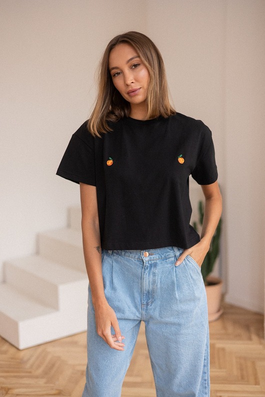t-shirt damskie T-shirt Crop-Voila Czarny Pomarańcze