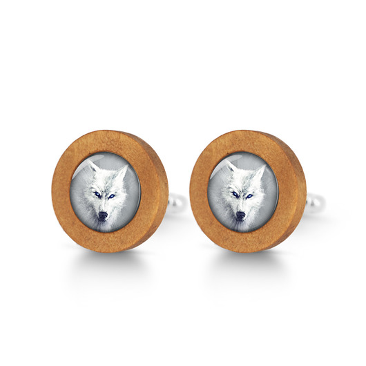 spinki do mankietów Biały wilk - drewniane spinki do mankietów