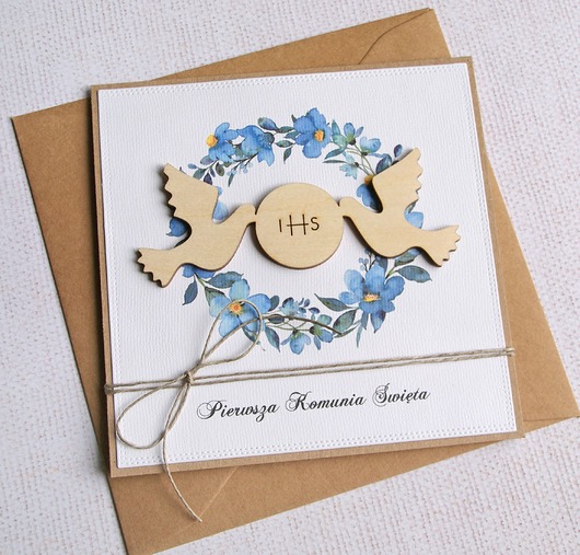 kartki na komunię Kartka z życzeniami : I Komunia Święta : niebieska : gołębie ihs