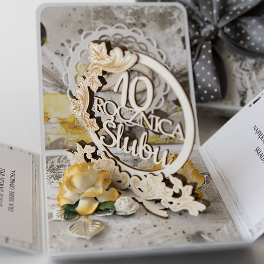 kartki scrapbooking 10 rocznica ślubu, aluminiowe gody, exploding box, kartka 3d