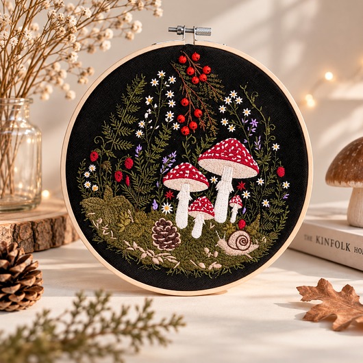 Ozdoby na ścianę Jesienne muchomory,haft w oprawie ok 20 cm średnicy