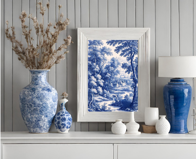 plakaty PLAKAT Toile de jouy, biało niebieska dekoracja, chinoiserie