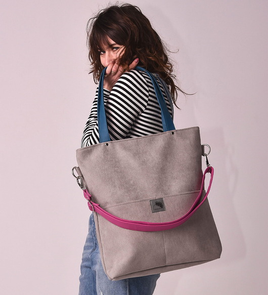 torby XXL Duża, szara torba turkusowe, fuksjowe paski