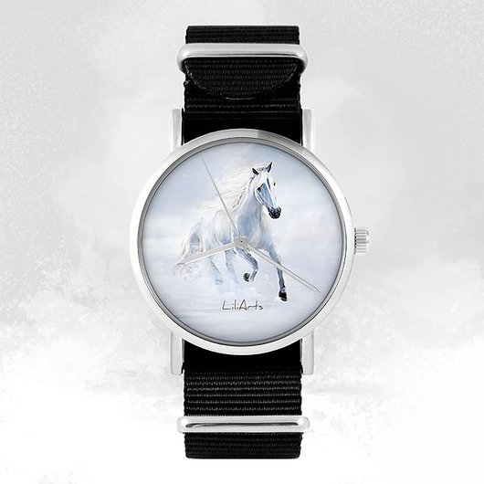 zegarki damskie Zegarek - Biały koń biegnący - czarny, nylonowy