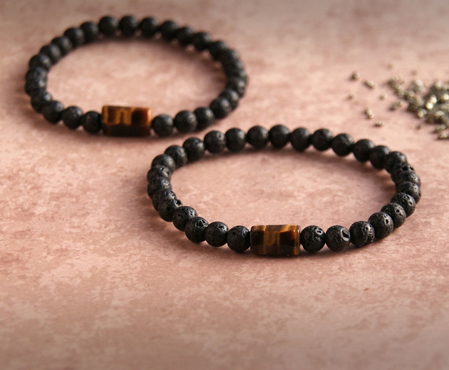 bransoletki z kamieni naturalnych KOMPLET dla PARY : tygrysie oko, lawa