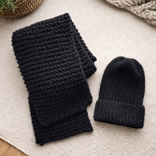 czapki damskie Zestaw czarny czapka szalik miękka i ciepła wełna handmade