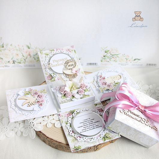 kartki na komunię Exploding box komunijny, pamiątka "Violet Roses1" GOTOWY