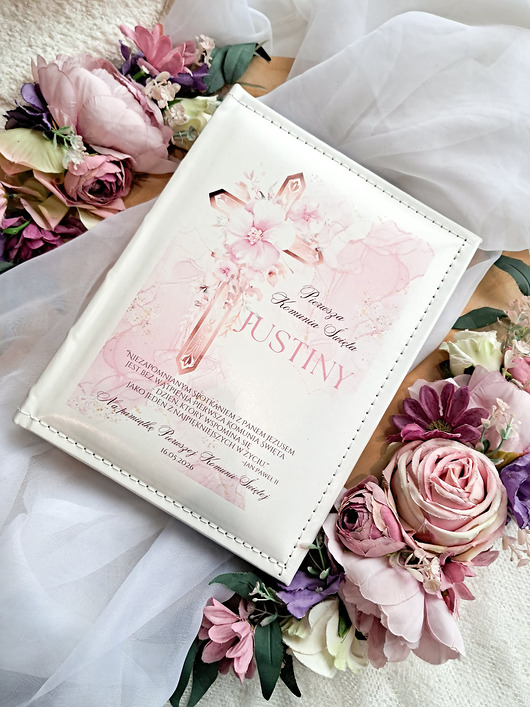 komunia - pozostałe Pamiątka komunijna album Krzyż z dedykacją, prezent komunijny dla dziewczynki