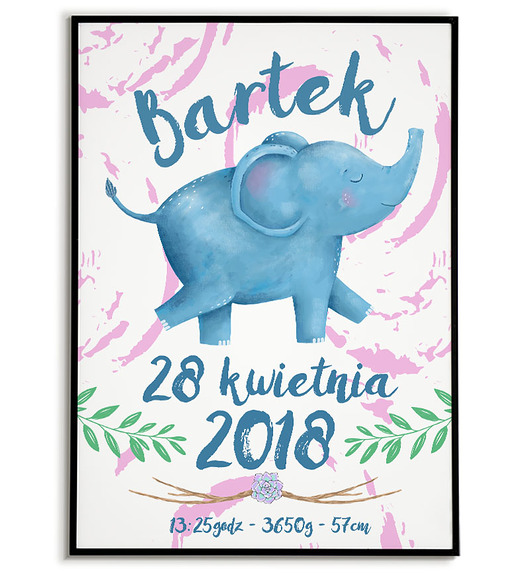 obrazy i plakaty do pokoju dziecięcego Plakat METRYCZKA z imieniem dziecka SŁONIK