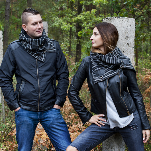 Szal wełniany ze skórą, Komin Unisex - prążek Green Sheep