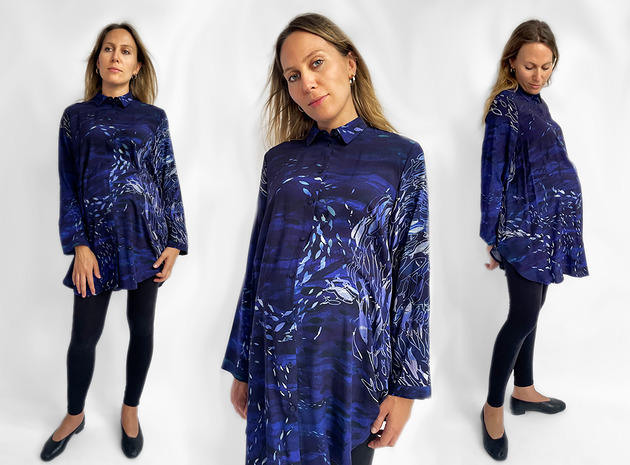 koszule damskie  Granatowa KOSZULA oversize/ szmizjerka, autorski print rybki 100% wiskoza
