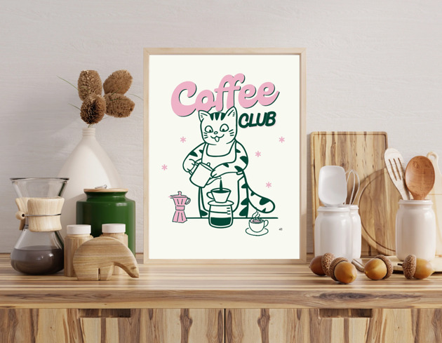 grafiki i ilustracje PLAKAT kawa, coffee lover club, prezent dla kawosza, kot
