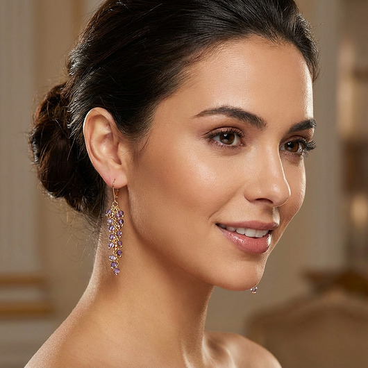 kolczyki złote Długie kolczyki gronka z fioletowym ametystem, pozłacane srebro 925