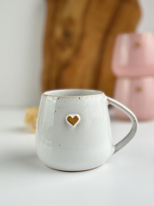 kubki Kubek Beczułka ręcznie robiony 320 ml  - Biały z sercem