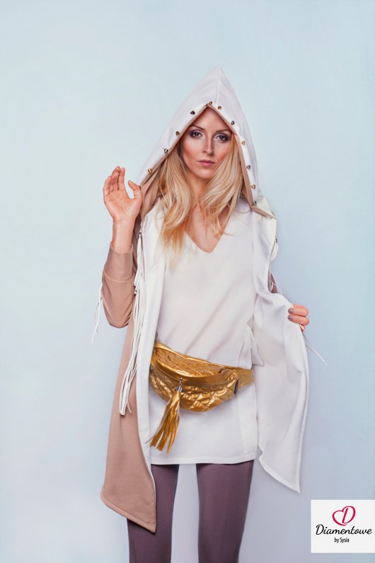 Bluza kardigan płaszcz S/M M/L beż kaptur skóra  Benni
