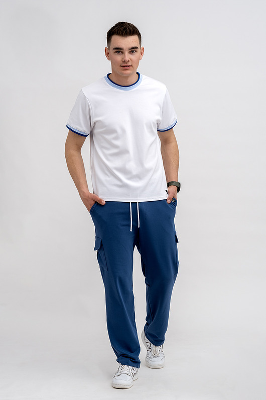 t-shirty męskie T-shirt męski  biały   ze ściągaczem niebiesko/granatowym