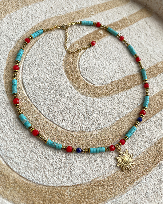 chokery Kolorowy naszyjnik choker z magnezytem, koralem i słońcem