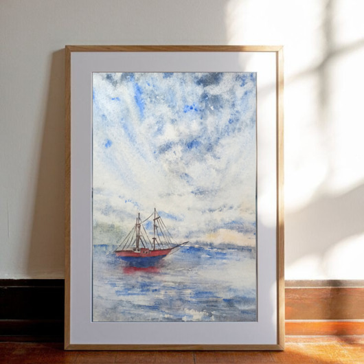 obrazy WYPRZEDAŻ SZTUKI! Akwarela Łódka na morzu oryginalny obraz 300g A3 30x42 cm
