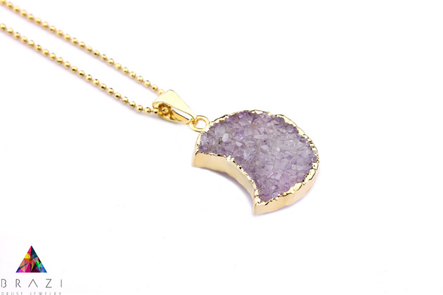Colare Agat Druza Księżyc Lawendowa złoto Brazi Druse Jewelry
