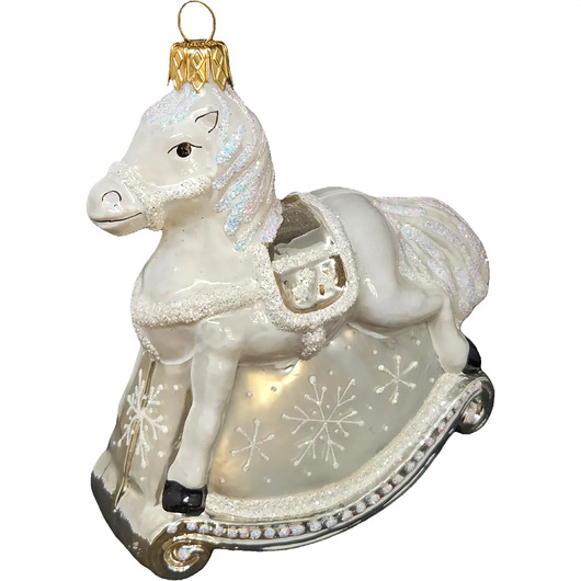bombki Szklana bombka ręcznie malowana biały konik na biegunach
