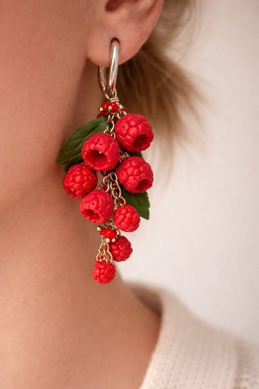 kolczyki z masy plastycznej Kolczyki malina wiszące polimerowa glina ręcznie robione