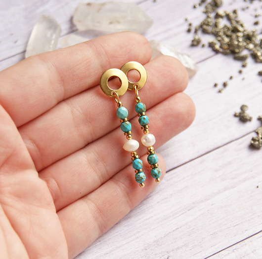 kolczyki z kamieniami Perła, magnezyt, stal szlachetna