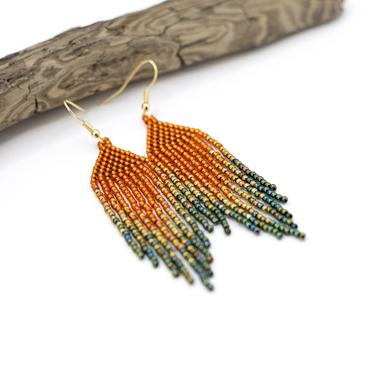 kolczyki szklane Kolczyki indiańskie krótkie rudo zielone