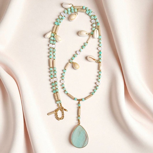 korale UNIKATOWY długi naszyjnik: pastelle summer: amazonit, muszle