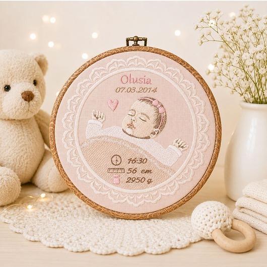 obrazy i plakaty do pokoju dziecięcego Haftowana personalizowana metryczka, pamiątka narodzin w oprawie 20 cm