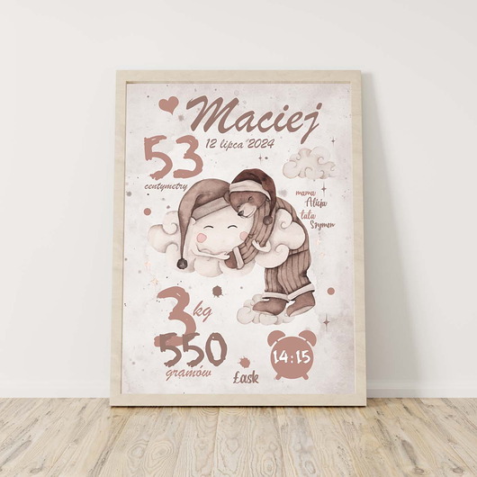 obrazy i plakaty do pokoju dziecięcego Miś z chmurką - Metryczka Plakat retro