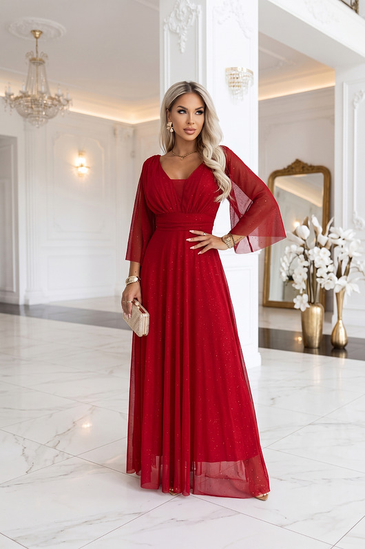 sukienki maxi damskie 682-4 SOLENNE Długa połyskująca sukienka z dekoltem - jasne bordo