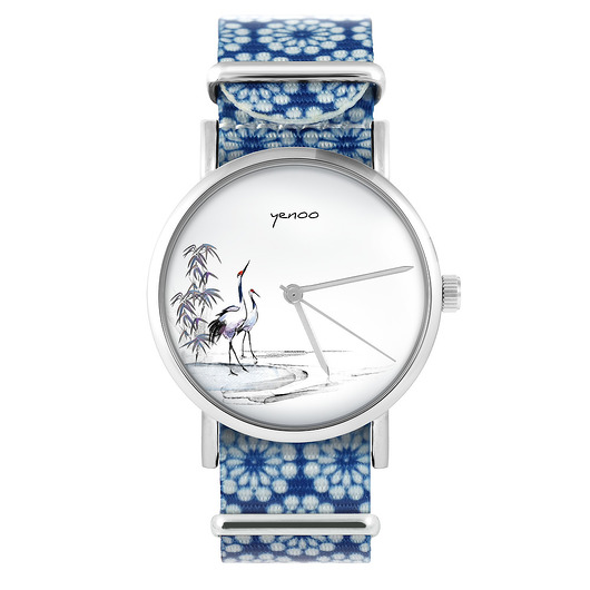 zegarki damskie Zegarek - Japońskie żurawie - niebieski, kwiaty