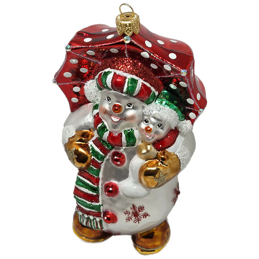 bombki Ręcznie malowana szklana bombka bałwanek z czerwonym parasolem w kropki