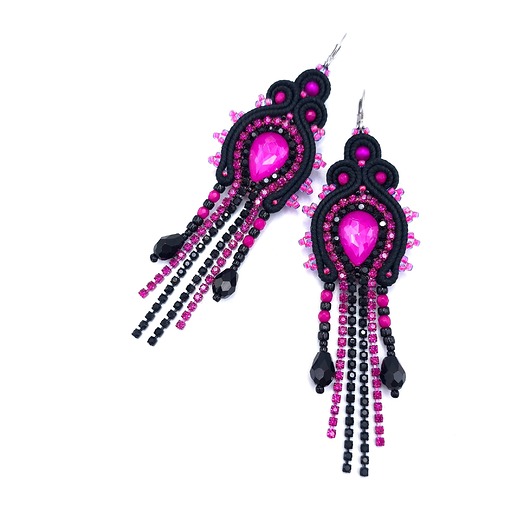 kolczyki soutache Joy kolczyki sutasz czarno fuksjowe błyszczące z cyrkoniami