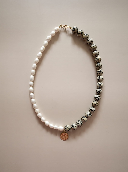 naszyjniki - inne Naszyjnik Celia kamienie jaspis dalmatyński i perły naturalne