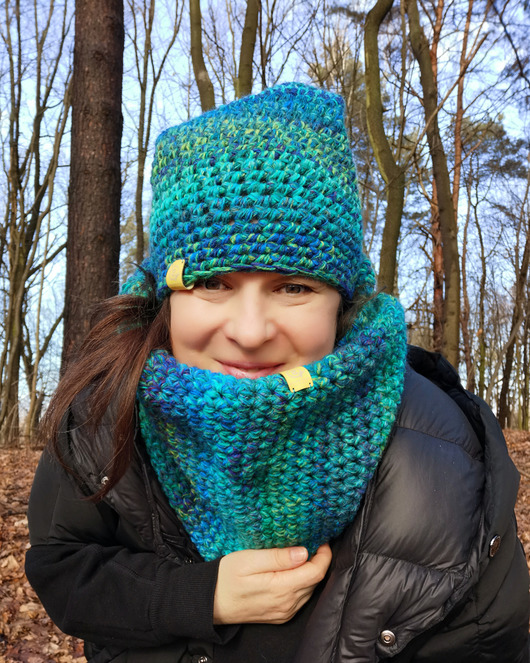 czapki damskie Komplet CRAZYCOLOR  czapka i komin "turkus"