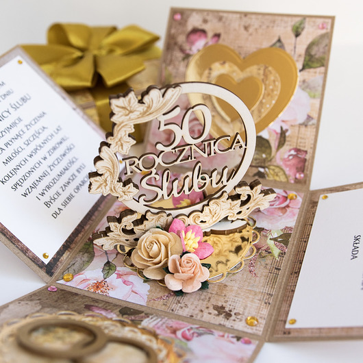 kartki scrapbooking Rocznica ślubu, złote gody, exploding box, kartka 3d
