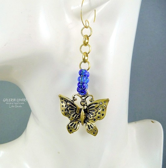 kolczyki z mosiądzu Złoty motyl z kobaltem urocze długie modne kolczyki w stylu boho handmade