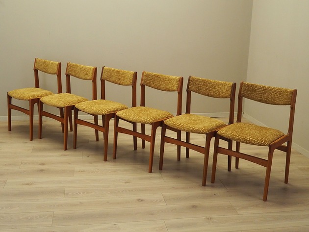 krzesła Komplet sześciu krzeseł tekowych, duński design, lata 70, produkcja: Dania