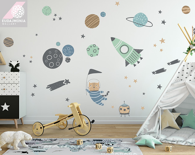 naklejki ścienne do pokoju dziecka Naklejki ścienne PLANETY KOSMOS RAKIETA