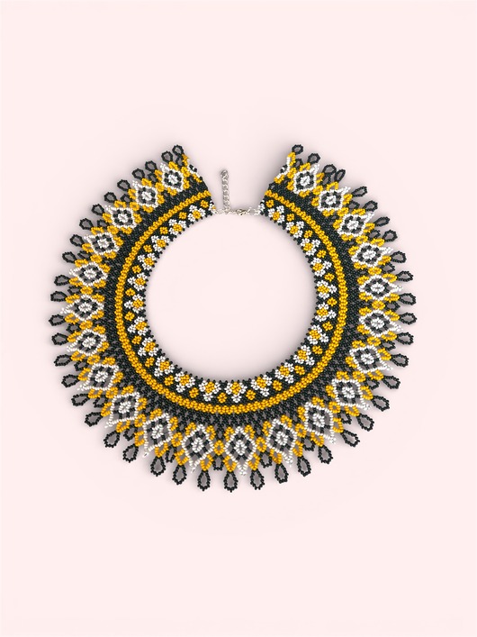 kolie Krywulka łemkowska kołnierzyk z koralików, kolia folk z ornamentem kwiatowym