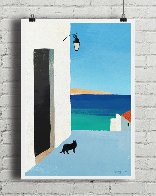 plakaty Morski widok z kotem - plakat fine art