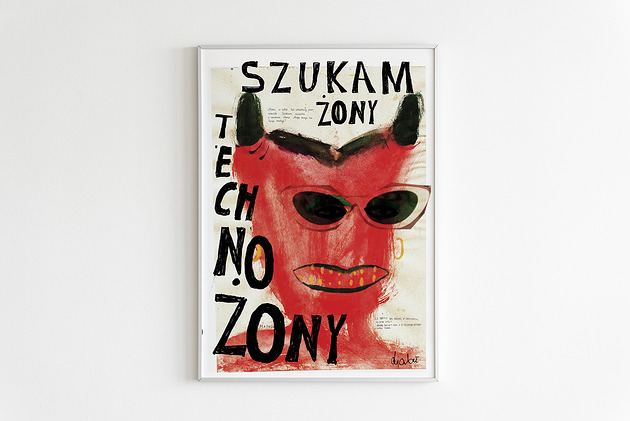 plakaty Plakat Szukam Techno Żony 48x68 cm offset ilustracja poster na urodziny prezent