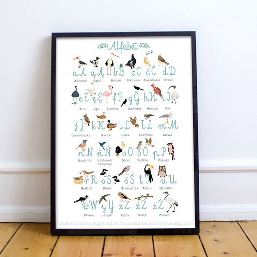 obrazy i plakaty do pokoju dziecięcego Plakat Alfabet Ptasi IV Biały 50x70 cm.