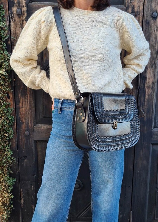 torby na ramię Torebka skórzana ręcznie robiona góralska Alsa Czarna duża skóra naturalna