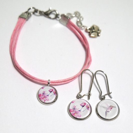 komplet biżuterii Komplet - Kwiat wiśni, koliber - sznureczki, różowy, stal
