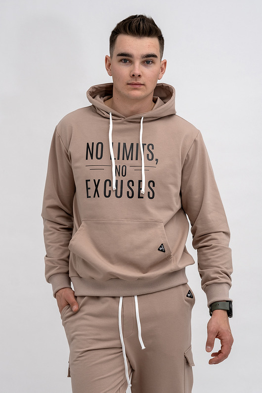 bluzy męskie Bluza męska  z kapturem  ,,No Limits No Excuses" capucino