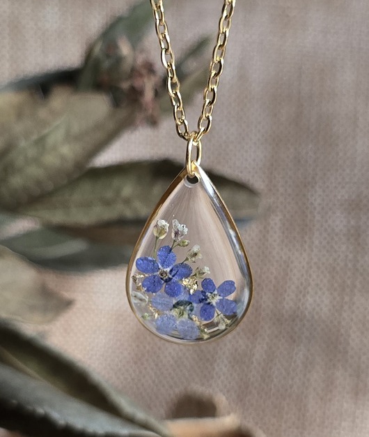 wisiory Złoty wisiorek prawdziwe kwiaty zawieszka łezka łza niezapominajki